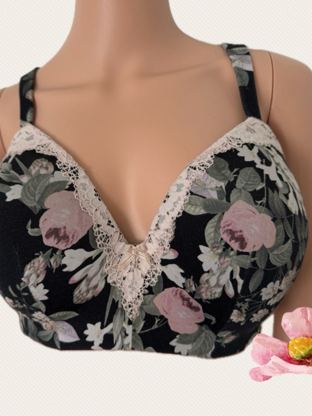 Cacique Black Floral Soft-Cup Bra with Pink Roses and Cream Lace